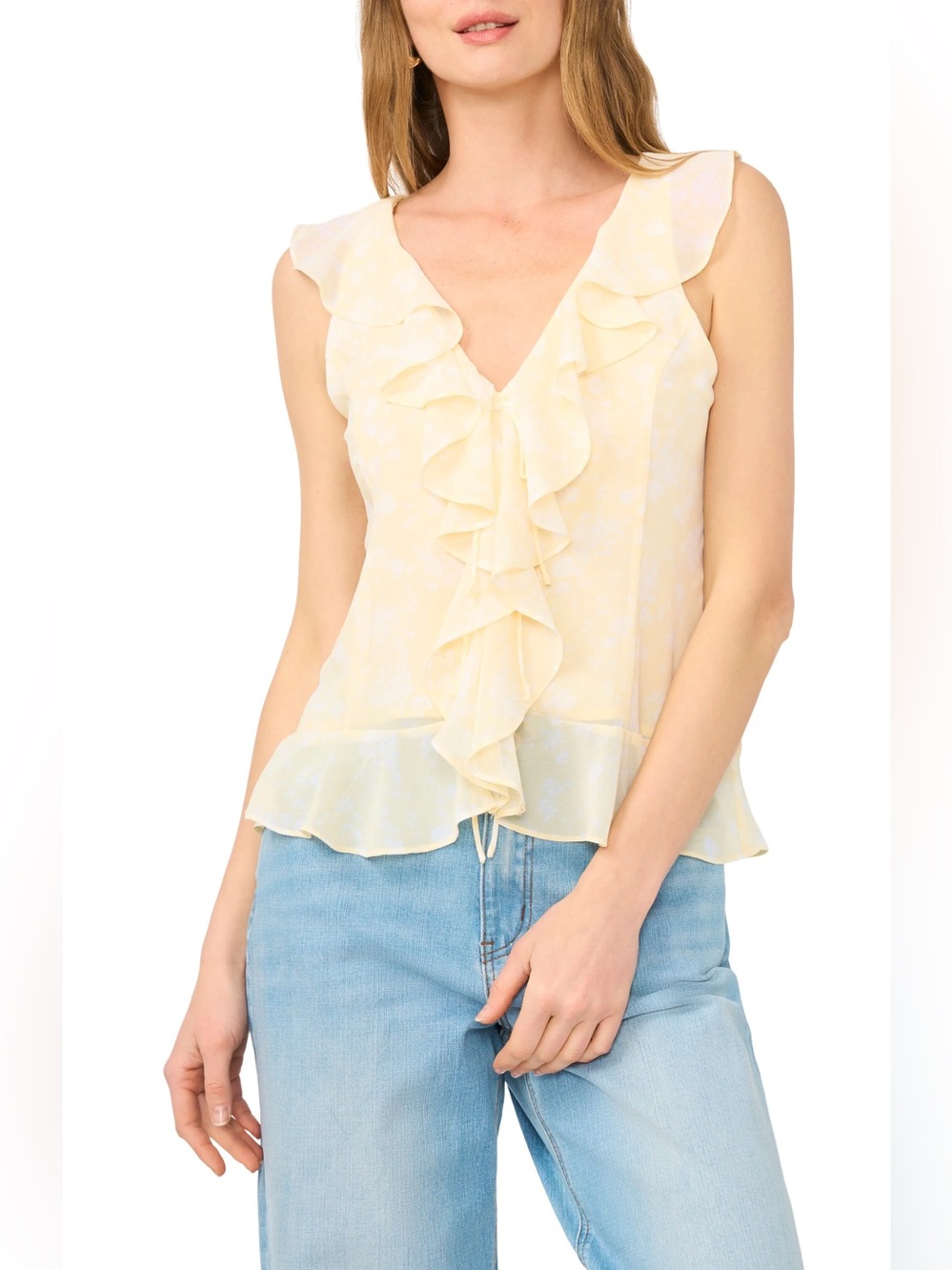 1. State Yellow Floral Sleeveless Chiffon Blouse Size XL Romantic Date Night